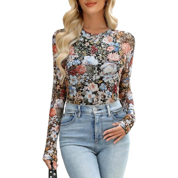 🆕 Women White Floral Mesh Top Crew Neck Long Sleeve Fitted Sexy Out Tee Shirts - Picture 6 of 7